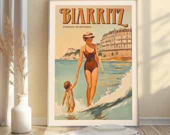 Biarritz Pyrenees-Atlantiques Travel Poster - Vintage Beach Scene Art Print