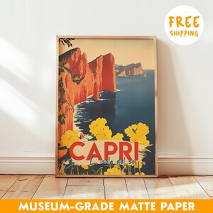 Vintage Capri Travel Poster - Italian Coastal Wall Art - Retro Mediterranean Print - Framed Amalfi Coast Decor - Isola del Sol Artwork