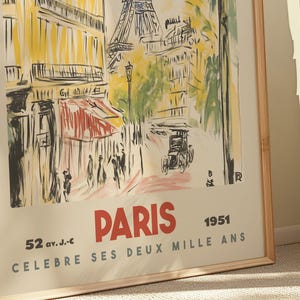 Paris Travel Poster, Vintage Eiffel Tower Art Print, 1950s French Wall Decor image 6