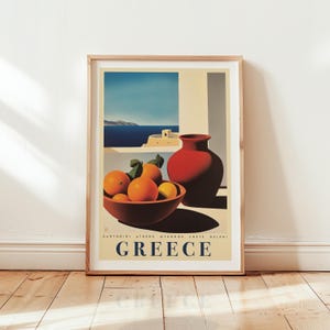 Póster de viaje a Grecia con naranjas y cerámica / Santorini, Atenas, Mykonos, Creta, Delfos / Lámina de arte mural mediterráneo vintage