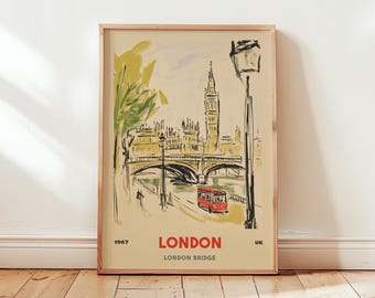 Póster de viaje del Puente de Londres, arte mural vintage del Reino Unido, ilustración retro del Big Ben, impresión de un emblemático monumento londinense, decoración británica