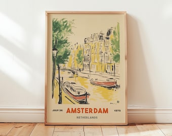Amsterdam Canal Travel Poster, Vintage Netherlands Wall Art, Retro Dutch City Illustration, Scenic Boat Artwork, European Decor
