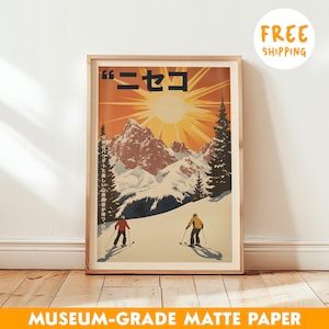 Póster de esquí de Niseko, impresión vintage de estación de esquí japonesa, arte mural retro de deportes de invierno, decoración de paisajes de montaña, obra de arte alpino