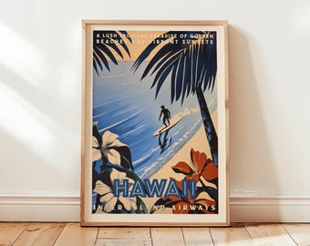 Hawaii Travel Poster – Vintage Surfing Wall Art, Tropical Beach Decor, Retro Island Vacation Print, Inter Island Airways Art Gift