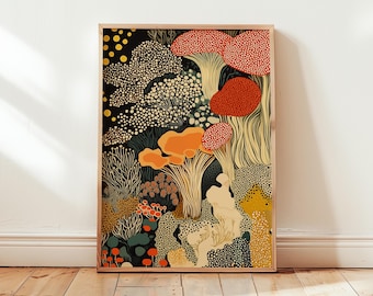 Mushroom Art Print Yayoi Kusama Style Poster: Abstract Fungi Wall Decor for Japandi Minimalist or Boho Nature Inspired Interiors