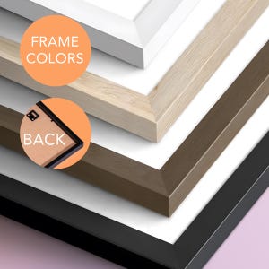 May include: Close-up of four picture frames in white, light wood, brown, and black. The frames are stacked, showing the different color options. The text "FRAME COLORS" and "BACK" are in orange circles.