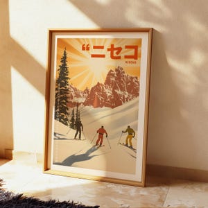 Arte murale Ski Lodge, poster sci Niseko Japan, stampa Après-Ski, decorazione montagna innevata, opera d'arte baita invernale, illustrazione sci retrò