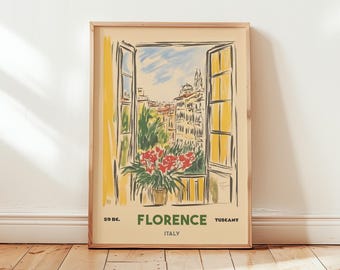 Florence Tuscany Travel Poster, Vintage Italy Wall Art, Retro Italian Window View Print, Scenic Florence Cityscape Illustration