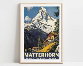 Lámina artística del Matterhorn, Suiza: póster vintage de la montaña Zermatt, decoración de pared de los Alpes suizos, arte de viajes retro