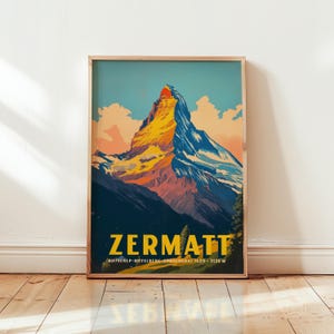 Póster de Matterhorn de Zermatt: arte mural vintage de los Alpes suizos, impresión de paisaje de montaña retro, decoración de aventuras alpinas audaces, idea de regalo de viaje