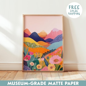 Impression d'art floral paysage de montagne – Décoration d'intérieur maximaliste colorée