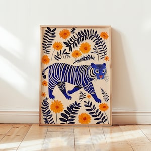 Lámina decorativa con diseño de tigre azul de la suerte, decoración de pared vibrante inspirada en la selva, póster de animales tropicales para guardería, dormitorio o sala de estar.