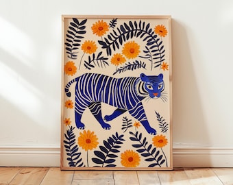 Blue Lucky Tiger Art Print, Vibrant Jungle-Inspired Wall Decor, Tropical Animal Poster for Nursery, Bedroom, Living Room