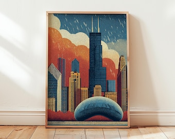 Chicago Woodcut Skyline Poster: Vintage Cloud Gate Art Print