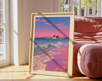 Japanese Seaside Art Print: Kawase Hasui Style, Pink Ocean Wall Art