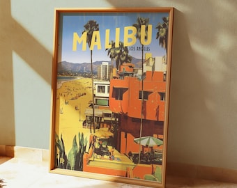 Malibu Beach LA Art Print, Retro Los Angeles Poster, Vintage California Decor, Malibu Wall Art, Mid-Century Modern LA Home Decor
