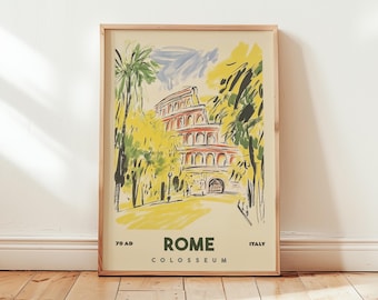 Rome Colosseum Travel Poster, Vintage Italy Wall Art, Retro Roman Landmark Print, Historic Architecture Illustration, Italian Decor
