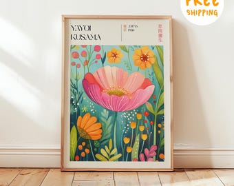 Pink Poppy Art Print, Yayoi Kusama Inspired Floral Poster, Japanese Botanical Wall Decor, Colorful Flower Artwork