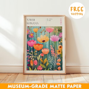 Stampa ispirata a Yayoi Kusama, fiori astratti colorati, decorazione murale giapponese moderna, arte botanica vibrante, poster estetico