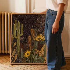 Kaktus Wüste Wandkunst - Gepunkteter botanischer Druck - Yayoi Kusama inspiriertes Kaktus Kunstwerk - Moderne gerahmte Leinwand