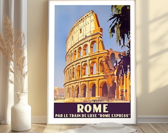 Rome Travel Poster, Vintage Colosseum Art Print, Rome Express Train, Italian Wall Decor, Retro Rome Architecture Print, Europe Travel Art