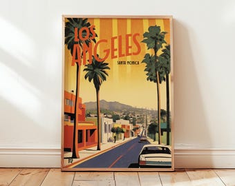 Impresión artística de Los Ángeles y Santa Mónica, póster retro de California, arte mural vintage de Los Ángeles, decoración de Santa Mónica, Los Ángeles moderno de mediados de siglo