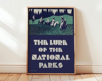 National Parks Art Deco Poster: Vintage Travel Print, Horseback Riders