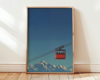 Red Ski Gondola Poster – Minimal Mountain Travel Print, Alpine Wall Art Gift