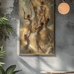 May include: A painting of six women in white dresses dancing in the clouds. The women are holding sticks and are surrounded by a golden light.