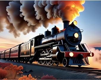 Vintage Steam Train Wall Art - Sunset Railway Photography Print - Industrial Office Decor