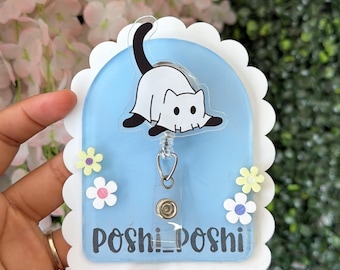 Ghost cat badge/nurse badge reel/ Halloween id holder / Retractable ID / cat badge reel / student nurse gift / coworker gift / cute badge