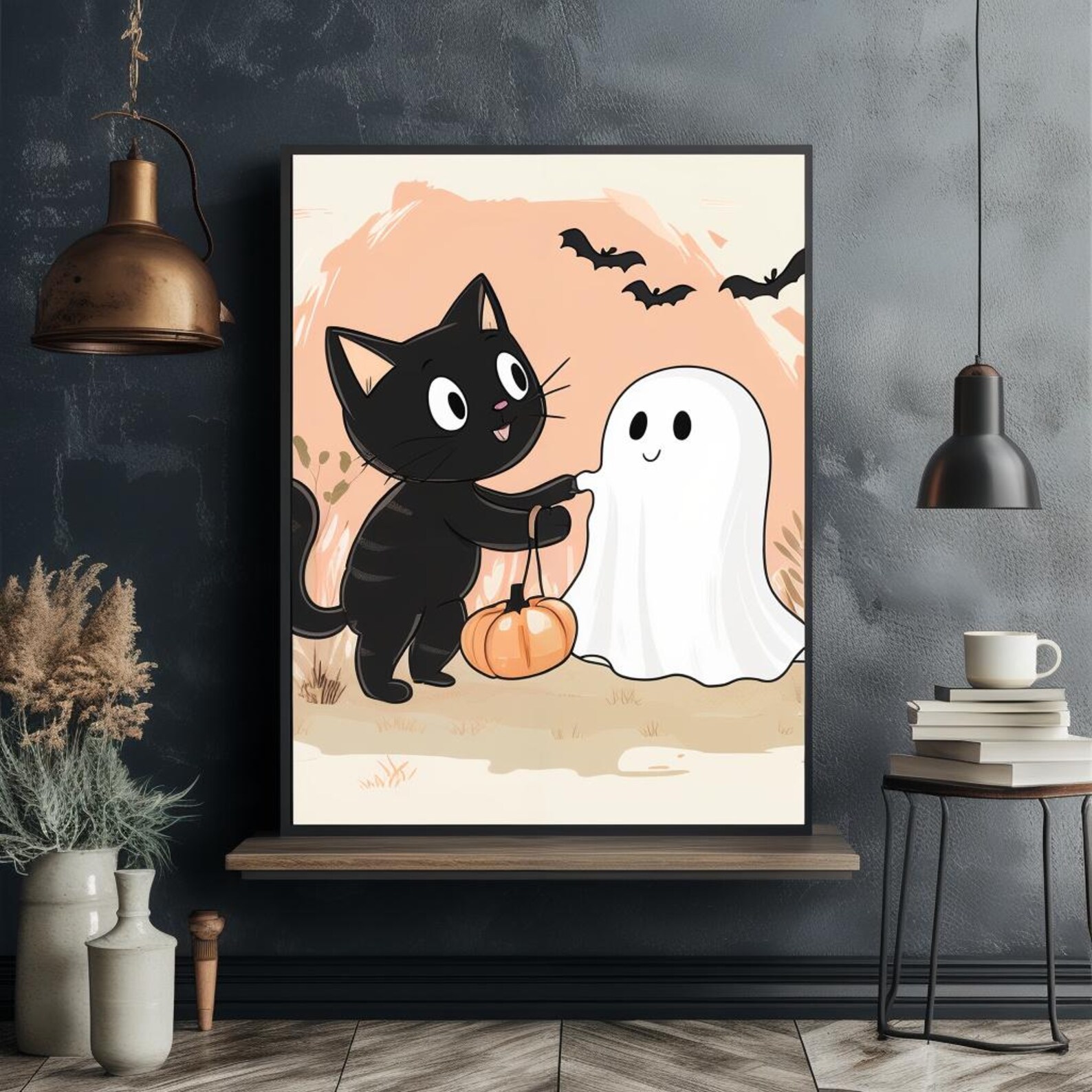 Cute Cat and Ghost Halloween Art Poster, Cute Ghost Wall Art, Fall ...