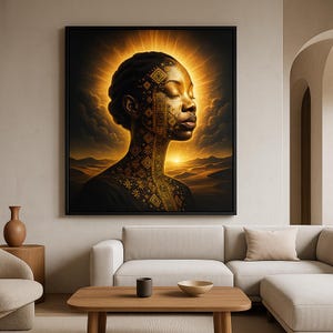 Divine Afro Woman Wall Art – Ethereal Digital Portrait with Gold Patterns – Modern African Decor for Living Room or Entryway
