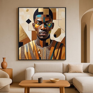 Cubist Portrait of Black Man – Abstract Afrocentric Wall Art – Modern African Digital Print for Living Room Decor