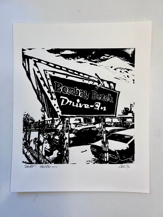 Bombay Beach linocut print California Salton Sea -  oeuvre d'art originale faite main en édition limitée - Linocut Printed hand made