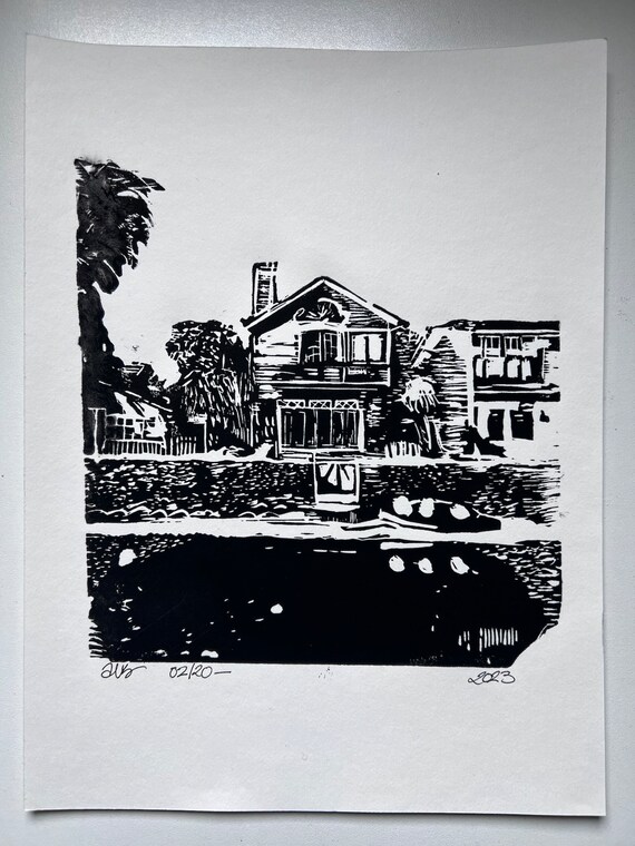 Impression linogravure Venice Beach California - oeuvre d'art originale faite main en édition limitée - Linocut Printed hand made
