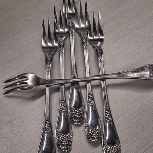 Puede incluir: Un juego de seis tenedores de metal plateado con un diseño en relieve de uvas y vides en los mangos. Cinco tenedores están dispuestos verticalmente en forma de abanico, mientras que un tenedor se coloca horizontalmente sobre los demás.