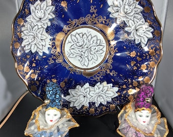 Vintage Huifeng Cobalt Blue & Gold Porcelain Decorative Platter
