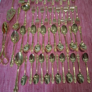 Vintage Estia Golden Cascade 55-Piece Gold Plated Flatware Set | Service for 12 with 7 Serving Pieces | Ornate Baroque Rose Pattern