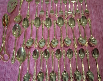 Vintage Estia Golden Cascade 55-Piece Gold Plated Flatware Set | Service for 12 with 7 Serving Pieces | Ornate Baroque Rose Pattern
