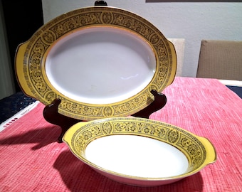 Vintage 1970s Sears Golden Damask Fine China - Serving Platter & Oval Vegetable Bowl - Pattern 3549 - Made in Japan