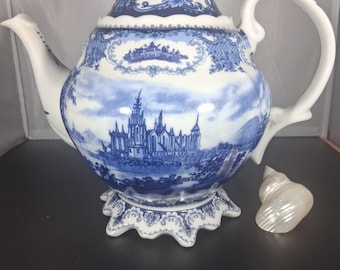 Vintage Villeroy & Boch Burgenland blauwe theepot - Duitse transferware-koffiepot uit het midden van de eeuw, kasteelscène