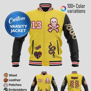 May include: A yellow varsity jacket with black sleeves and red and white stripes. The jacket features a skull and crossbones patch, a snake patch, a heart patch with an American flag, and a number 13 patch. The jacket also has the word "Original" on the back.