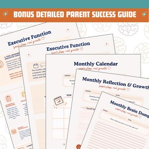 May include: A digital executive function bundle featuring multiple printable pages with headings like Executive Function, Monthly Calendar, Monthly Reflection & Growth, and Monthly Brain Dump, all designed with a light peach and dark blue colour scheme.