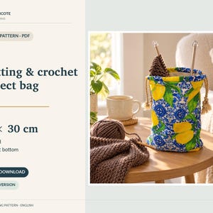 Knitting Project Bag Sewing Pattern PDF – Lined Drawstring Bag – Flat Bottom – English Tutorial
