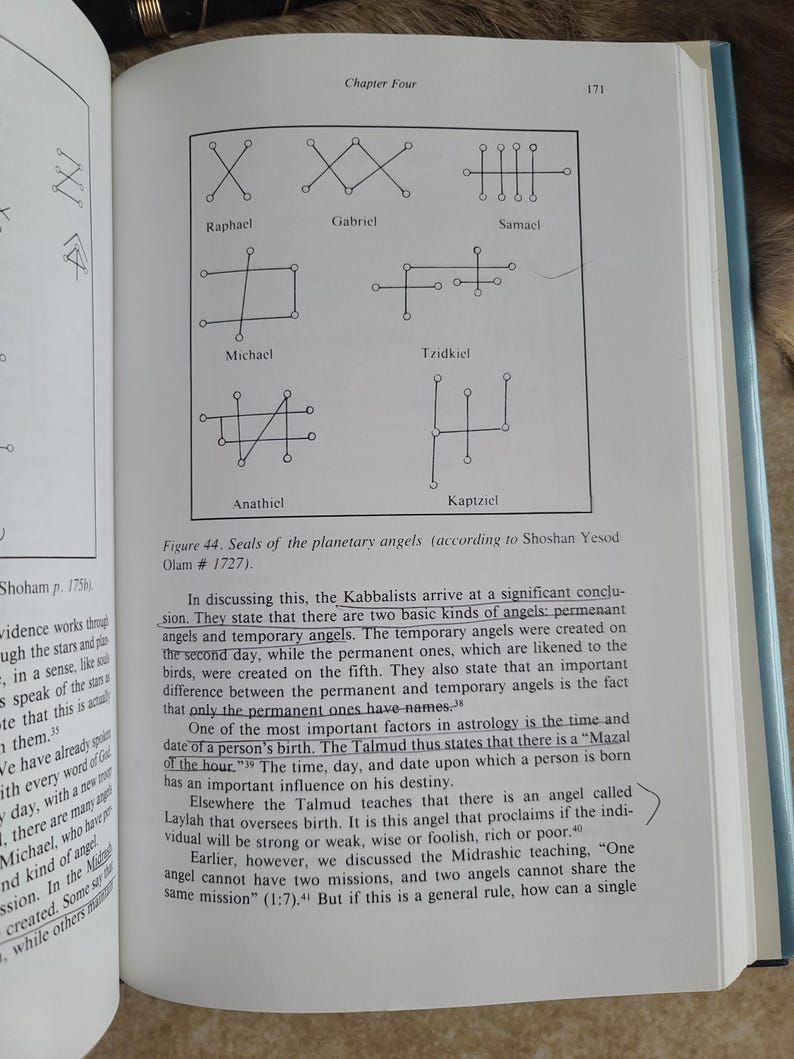 May include: Open book page with diagrams of seals of planetary angels, including Raphael, Gabriel, Michael, and others. Text discusses Kabbalistic concepts of angels and astrology, with references to the Talmud.