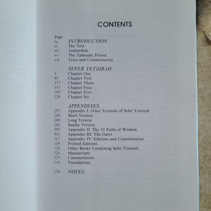 May include: Open book page with the title "CONTENTS" at the top. The page lists the table of contents for "SEFER YETZIRAH", including chapters, appendices, and notes. The text is in black font on a white background.