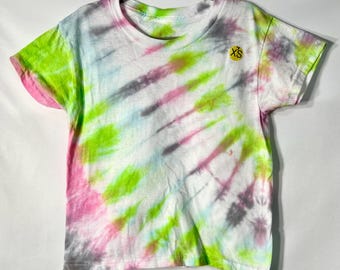 XS (4) Hanes T-Shirt - Handgefärbtes Tie Dye Hanes T-Shirt - Hellgrün/Pink/Grau