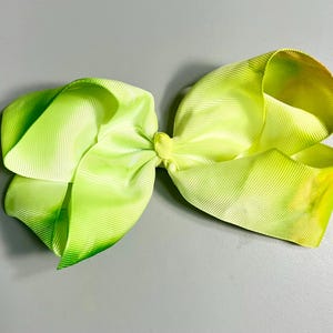 Large Bright Green/Yellow Hand-Dyed Ribbon Hair Bow Clip, Approx. 6&quot; wide x 3&quot; tall