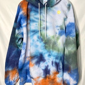 Adult L Hand Dyed Tie Dye Pullover Hoodie - Blues/Teal/Orange
